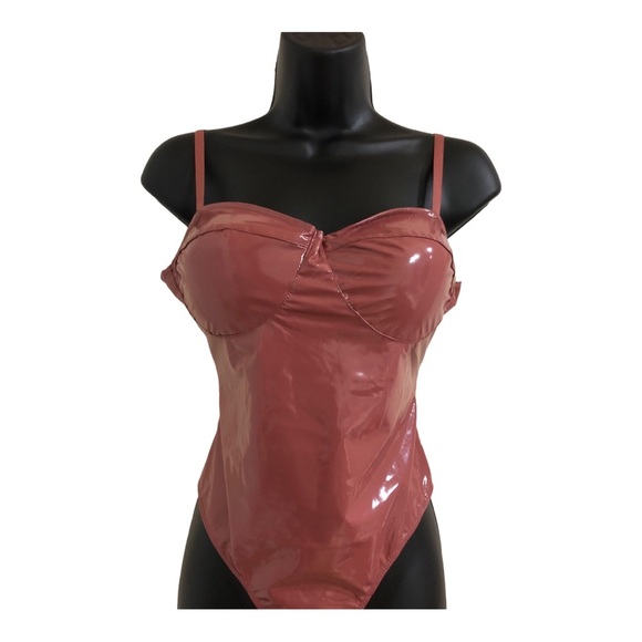 Mauve brown Pleather glossy padded spaghetti strap bustier bodysuit size Large - Picture 9 of 15